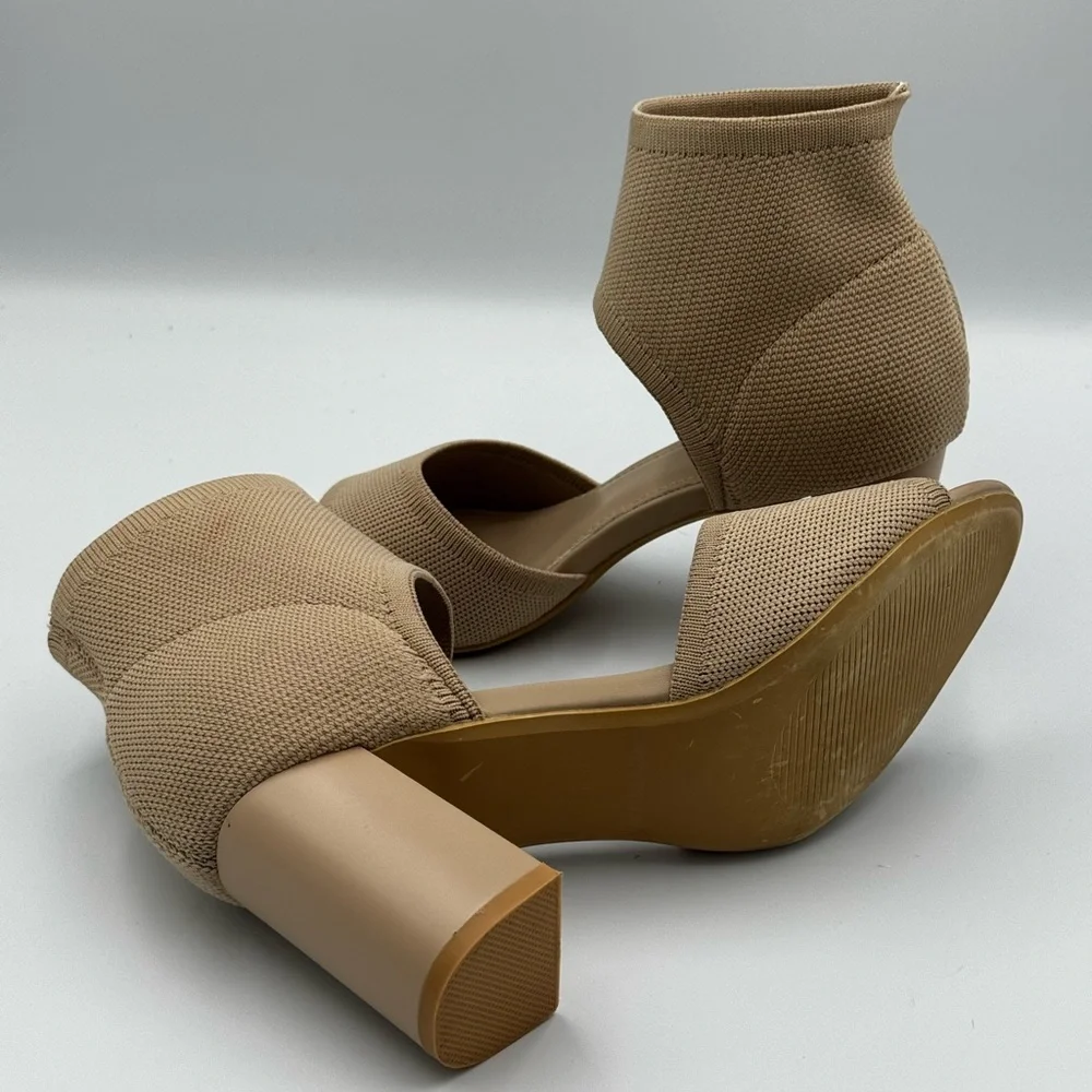 Neutral Sock-Heel Sandals Ankle Strap Block Heels Cream Tan Size 6